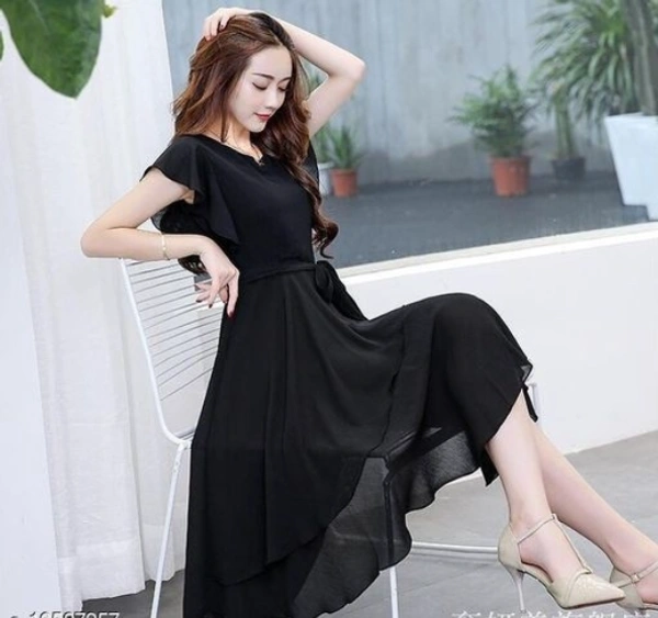 Elizy Women Black Plain Flair Georgette Short Dress - S, Black, Georgette, Pack of 1